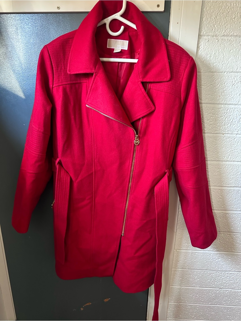 Michael Kors Vibrant Red Asymmetrical Zip Trench Coat